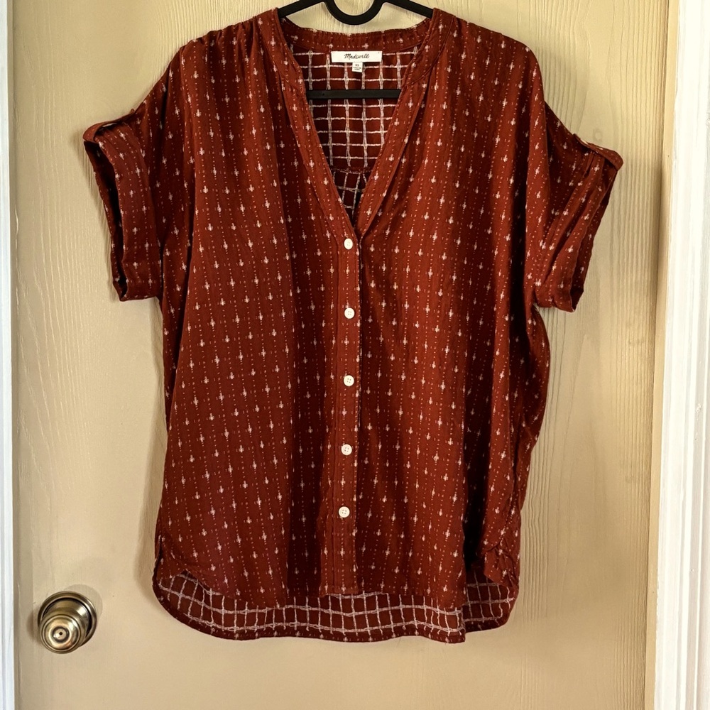Madewell Burnt Orange button up short sleeve in geometric checkered pattern